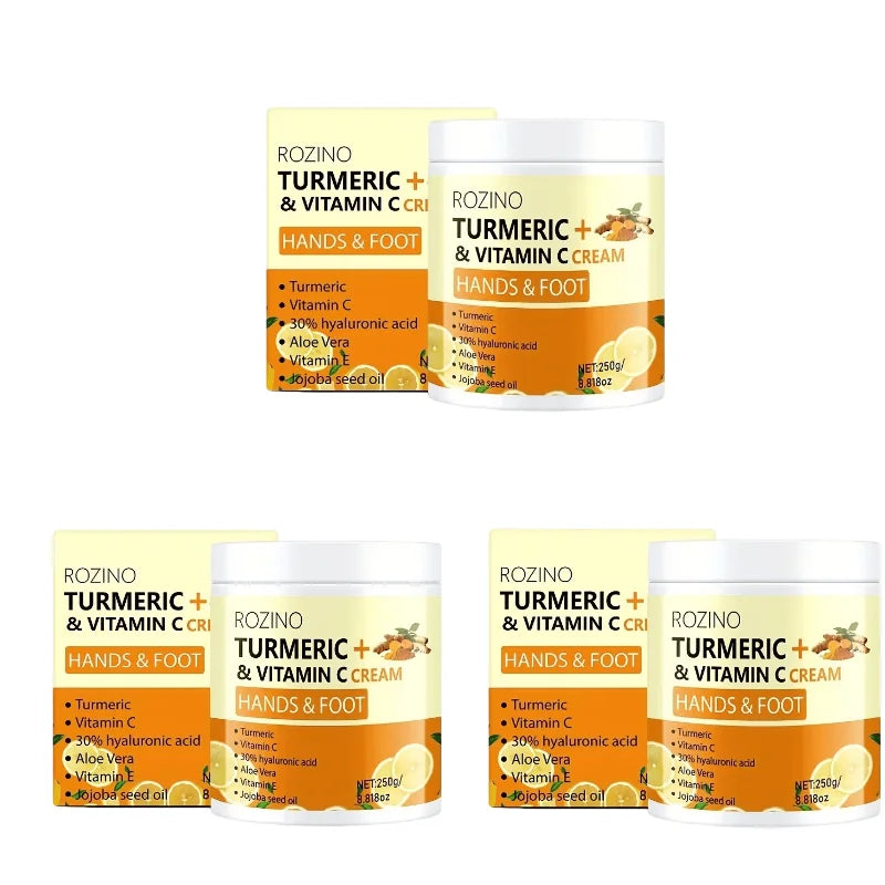 ROZINO Turmeric Vitamin Hand and Foot Cream has a fine and soft texture, and is refreshing and non-sticky when applied. Infused with turmeric and a variety of vitamin nourishing ingredients, it gently repairs fragile skin on