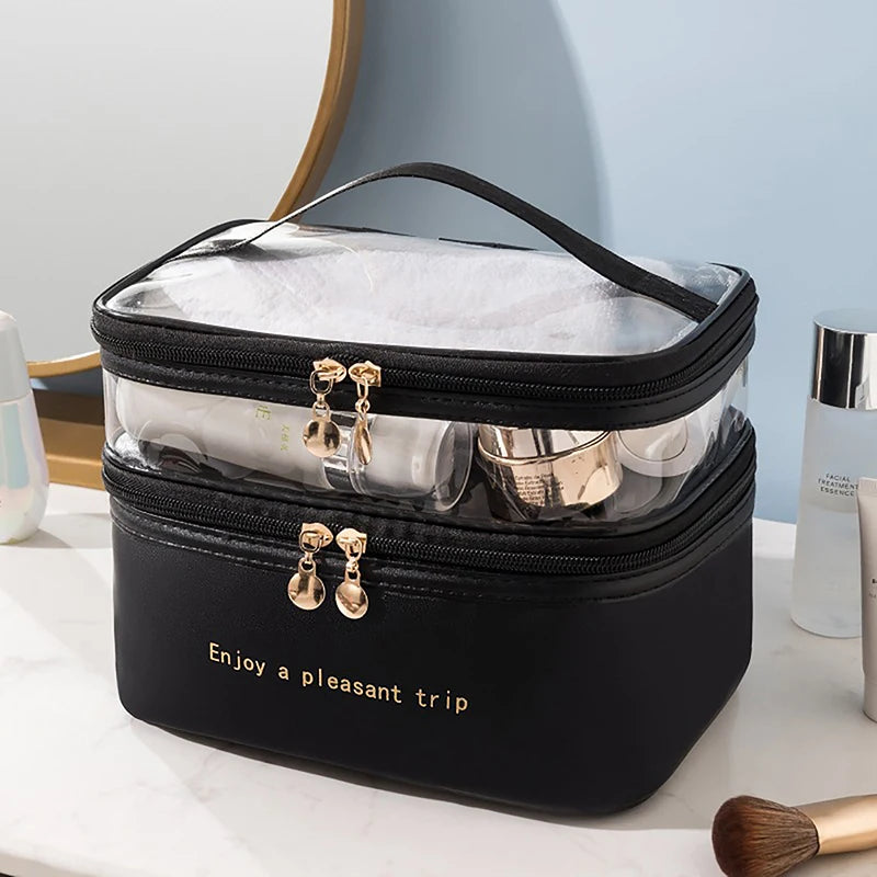 2026 Waterproof PVC Women Cosmetic Bag Portable Traveling Leather Toiletries Big Capacity Travel Makeup Organizer