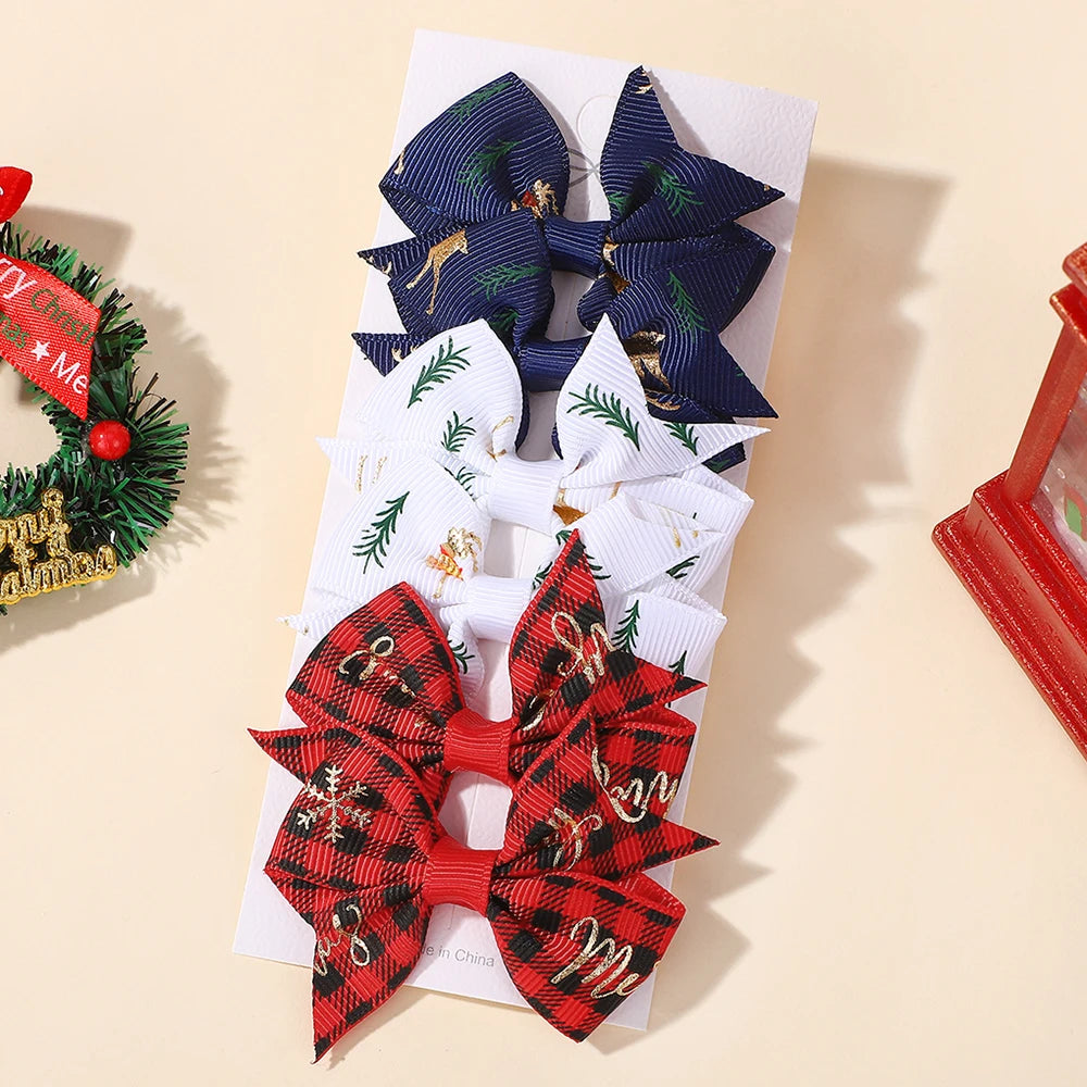 6Pcs/set Christmas Element Ribbon Bow Hair Clip Set Children's High-quality Ribbon Bow Hair Accessory Hairgripes