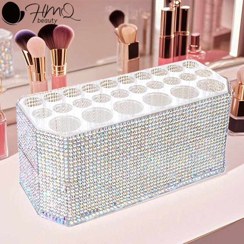 26 Holes Rhinestone Makeup Brushes Storage Box Acrylic Eyebrow Pencil Eyeliner Display Shelf  Desktop Organizer Makeup Tools