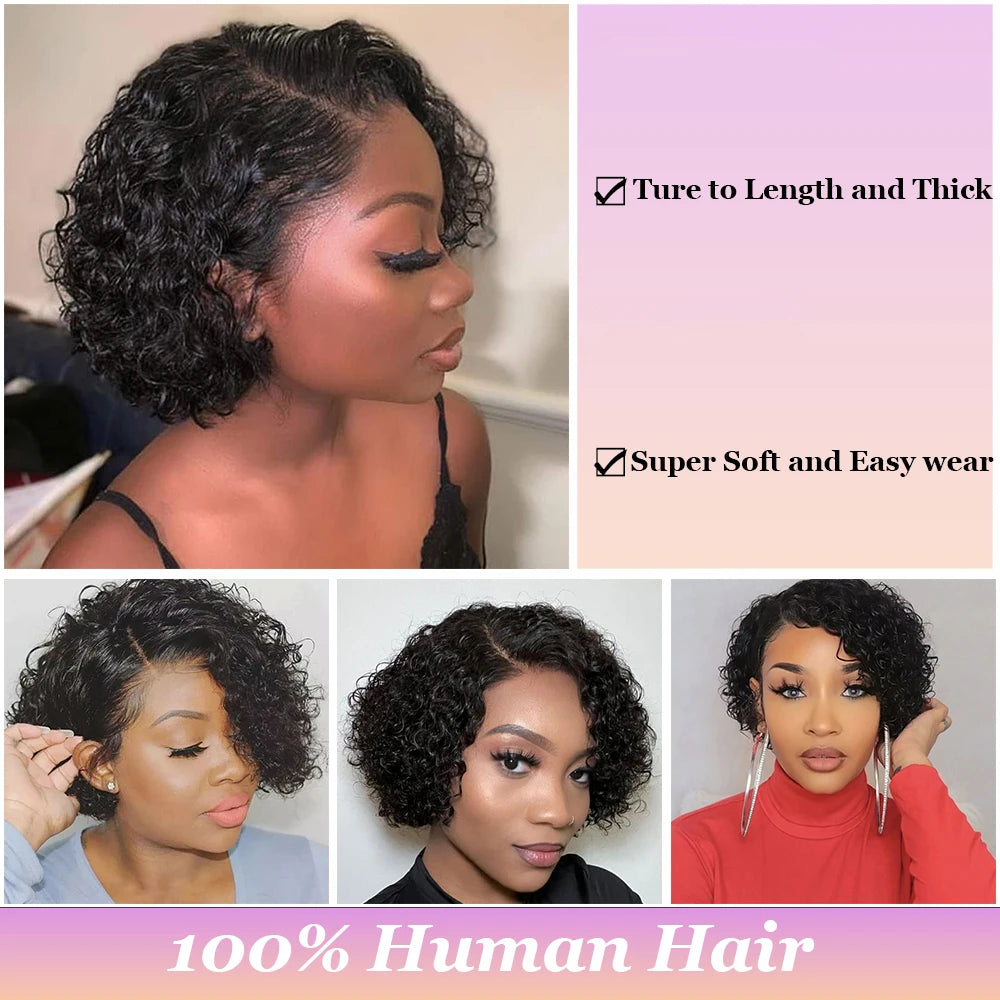 Short Pixie Cut Wig Wet and Wavy Curly Wigs Brazilian Human Hair Full Machine Made Wig with Bangs for Women Water Wave Short Wig
