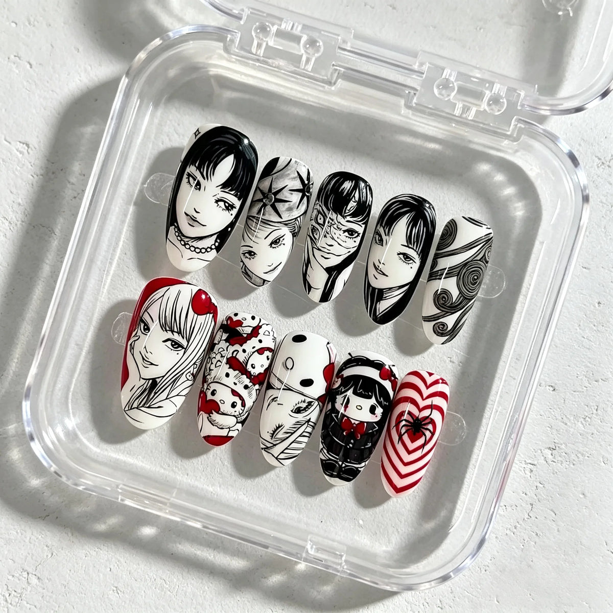30pcs Gothic Horror Press On Nails Medium Oval Fake Nail Black‑White Portrait Red Heart Spider Halloween False Nail for Women