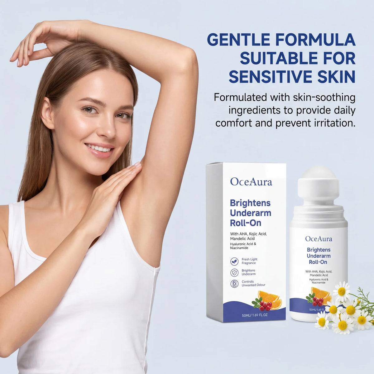 OceAura Kojic Acid Underarm Brightening Deodorant Roller Refresh Body Odor Improve Dark Armpits Underarm Care Roll‑on Deodorant
