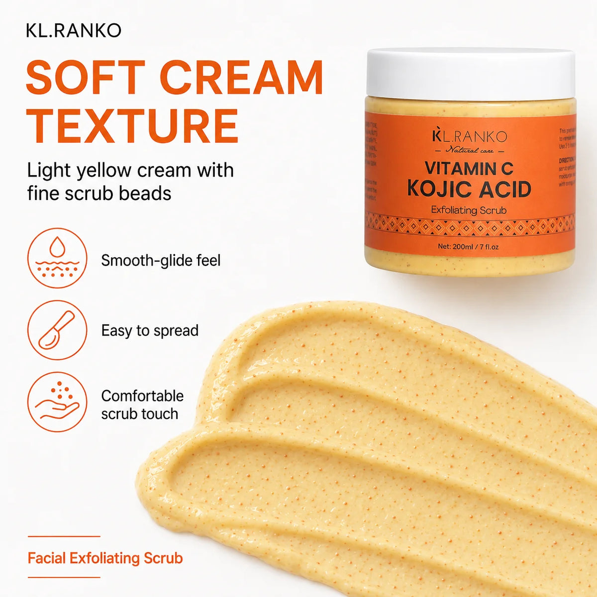 KL.RANKO Vitamin C & Kojic Acid Exfoliating Scrub | Face Scrub & Exfoliating Body Scrub - Vitamin C and Kojic Acid Body Scrub for Brightening, Exfoliating & Soothing, Even Skin Tone Care, Korean Skincare, 200ml/7 fl.oz