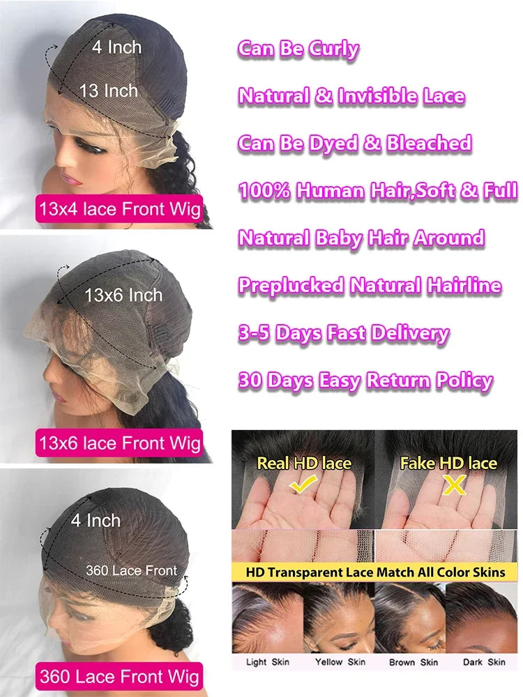 250 Density 100% Human Hair 40 44 Inch Deep Wave 13x4 13x6 HD Lace Front Wigs Water Wave Curly 360 HD Full Lace Front Wig Black