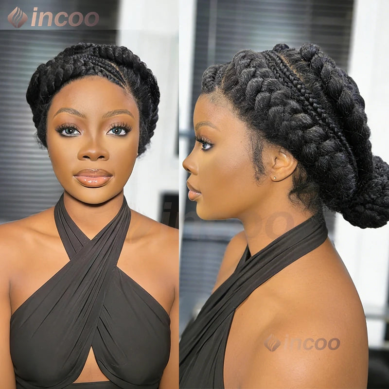 Short Cornnrow Braid Wigs Buns Glueless For Black Women Synthetic HD Full Lace Wig Neat Braids Wig African Protective Style