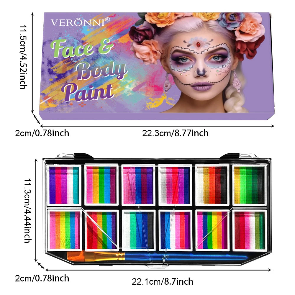 12-Color Rainbow Face and Body Paint Kit, Water-Soluble, Vibrant Palette with Brush for Halloween, Cosplay, Parties,Party Makeup