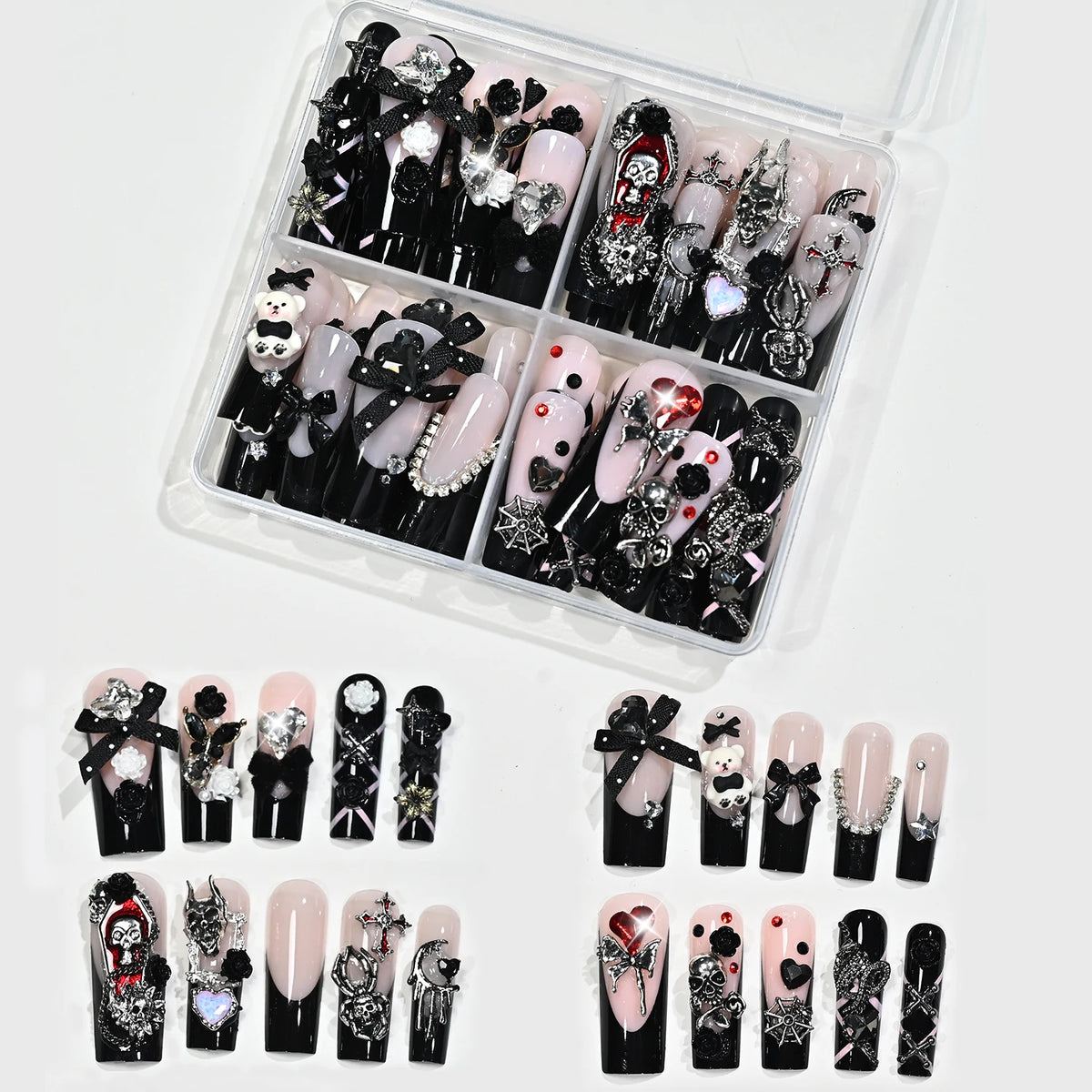 96PC Black French Long Coffin Halloween Press On Nails Y2K Cross Skull Spider Snake Bow False Nails Full Cover French Fake Nails