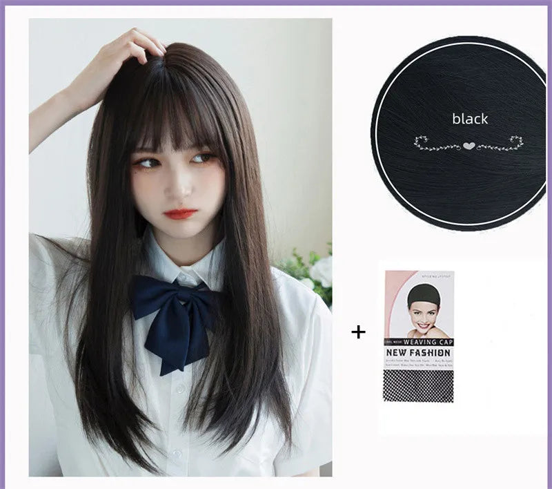Korea Hair Extensions Synthetic Cute JK Girl Cosplay Air Bangs Wig Breathable Head Cover 50cm Long Straight Wig Hat for Women