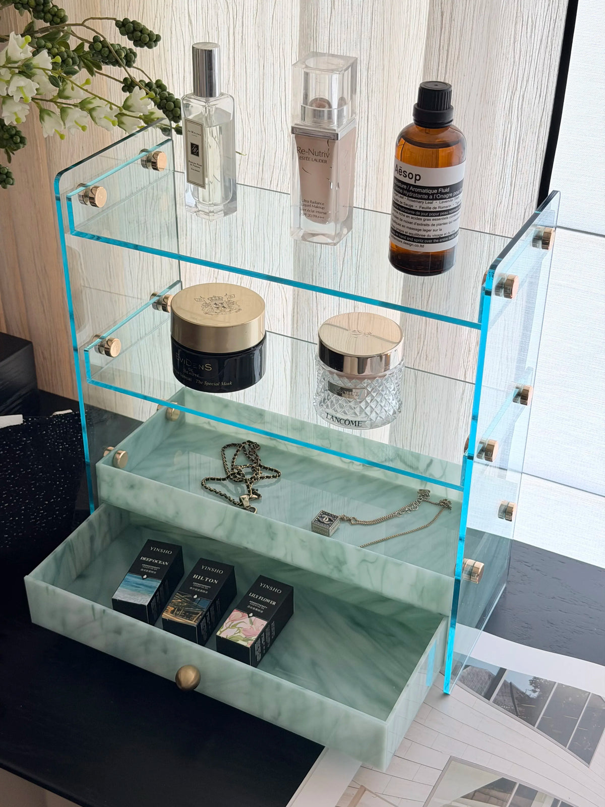 Wood and stone acrylic makeup brush storage box marble rotating dust-proof storage cylinder grid large-capacity lipstick box