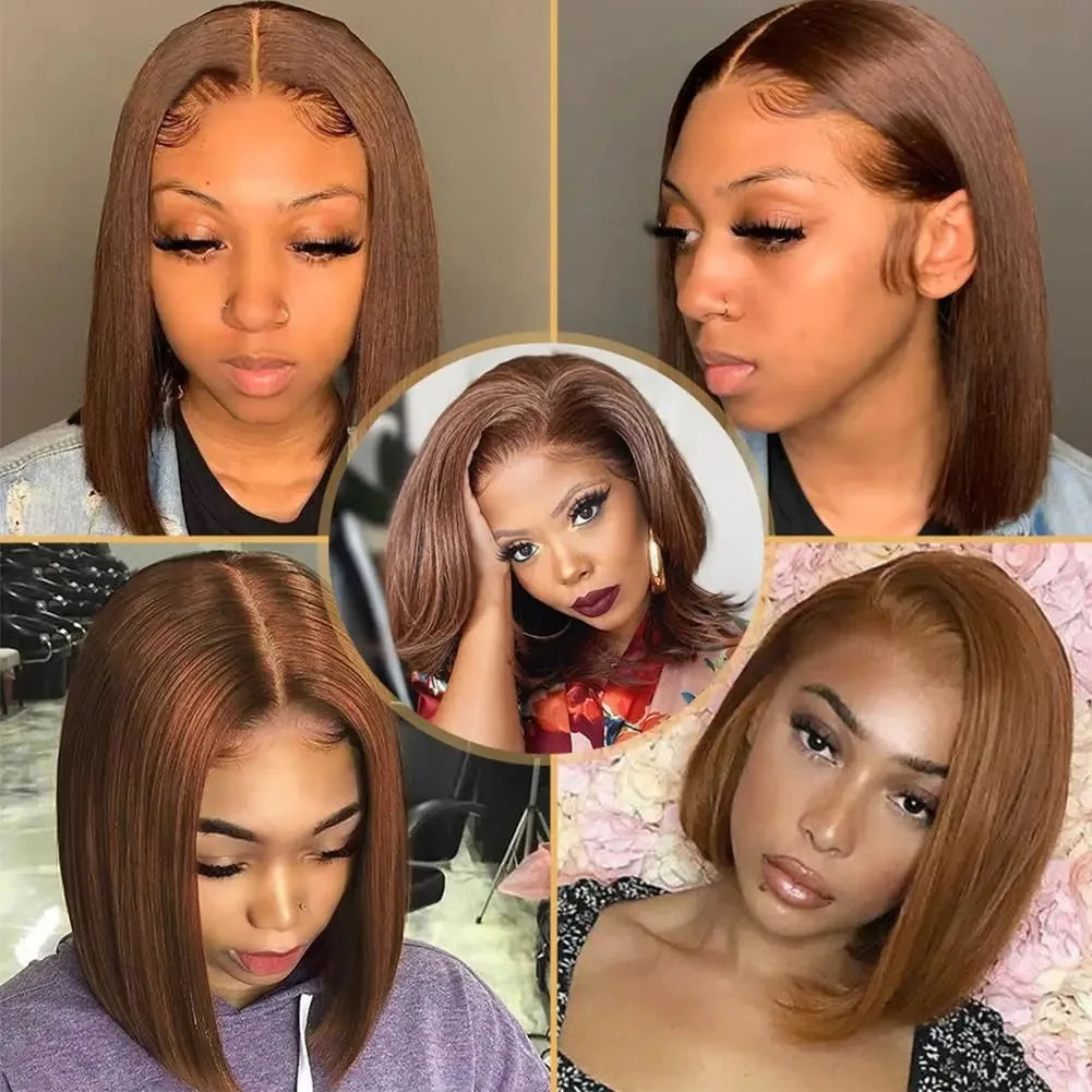 13X4 Chocolate Brown Straight Bob Wig 4X4 Silky Straight HD Lace Frontal Wig Natural Hairline Pre Plucked Human Hair 100% 16Inch
