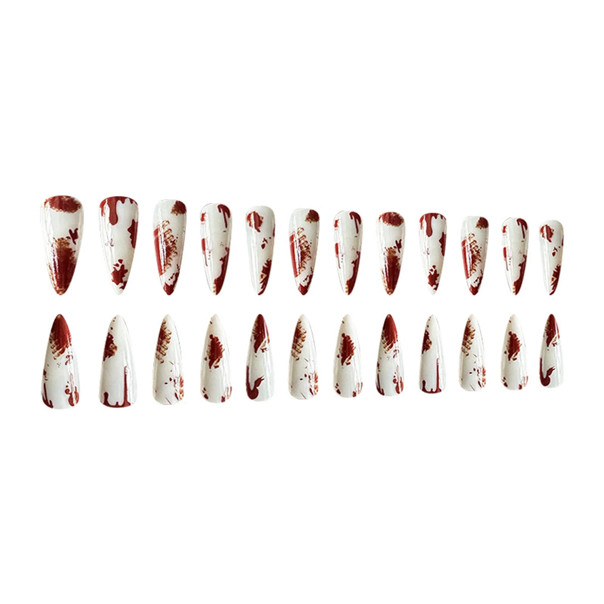 24pcs Press On Nails Long Pointed Halloween False Nail Tips Wearable Bloodstain Printed Fake Nails Party Costume Accessories