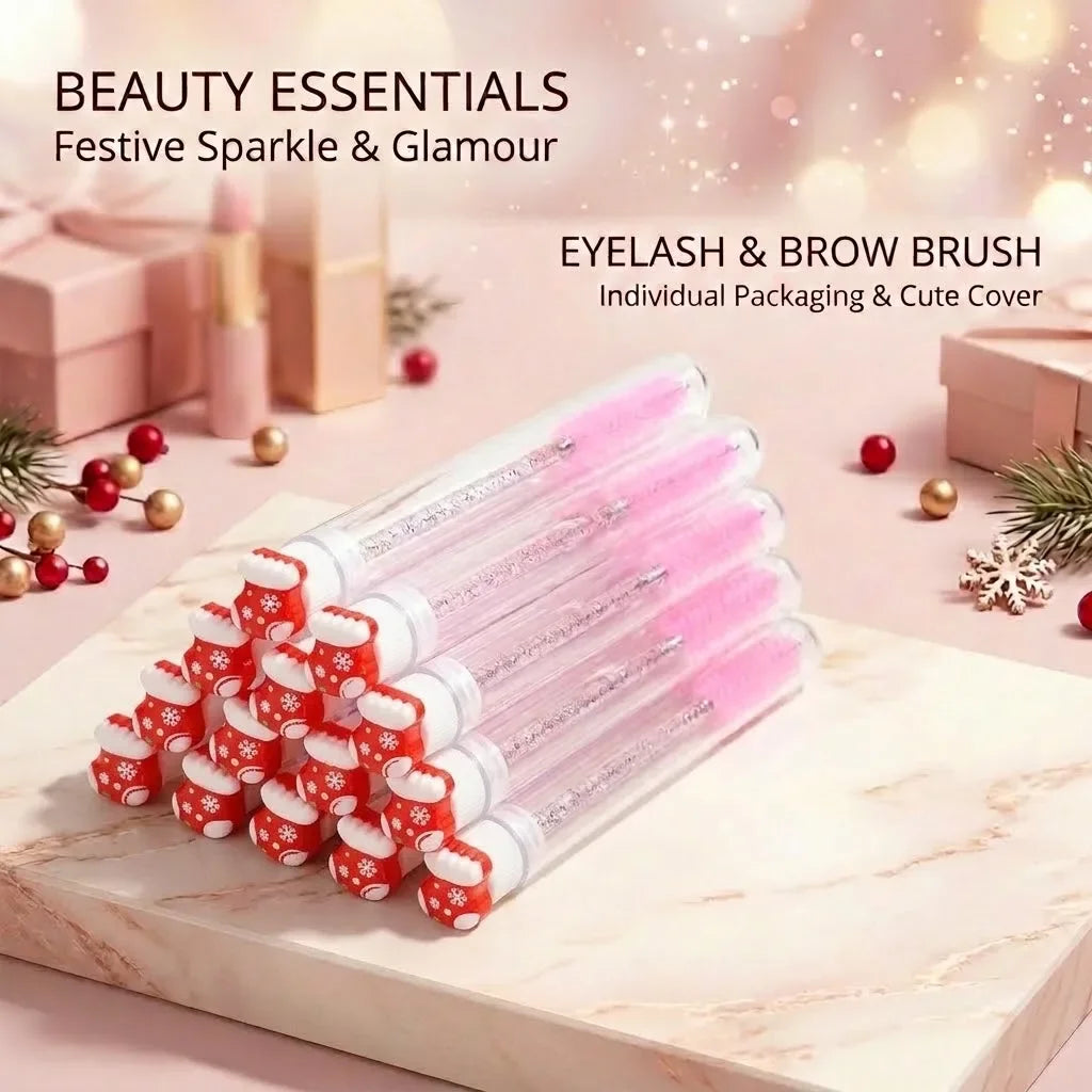 10pcs Christmas Mascara Eyelash Brush in Tube with Santa Claus Cap, Dust-Proof Reusable Mascara Wand Lash Applicator Makeup Tool