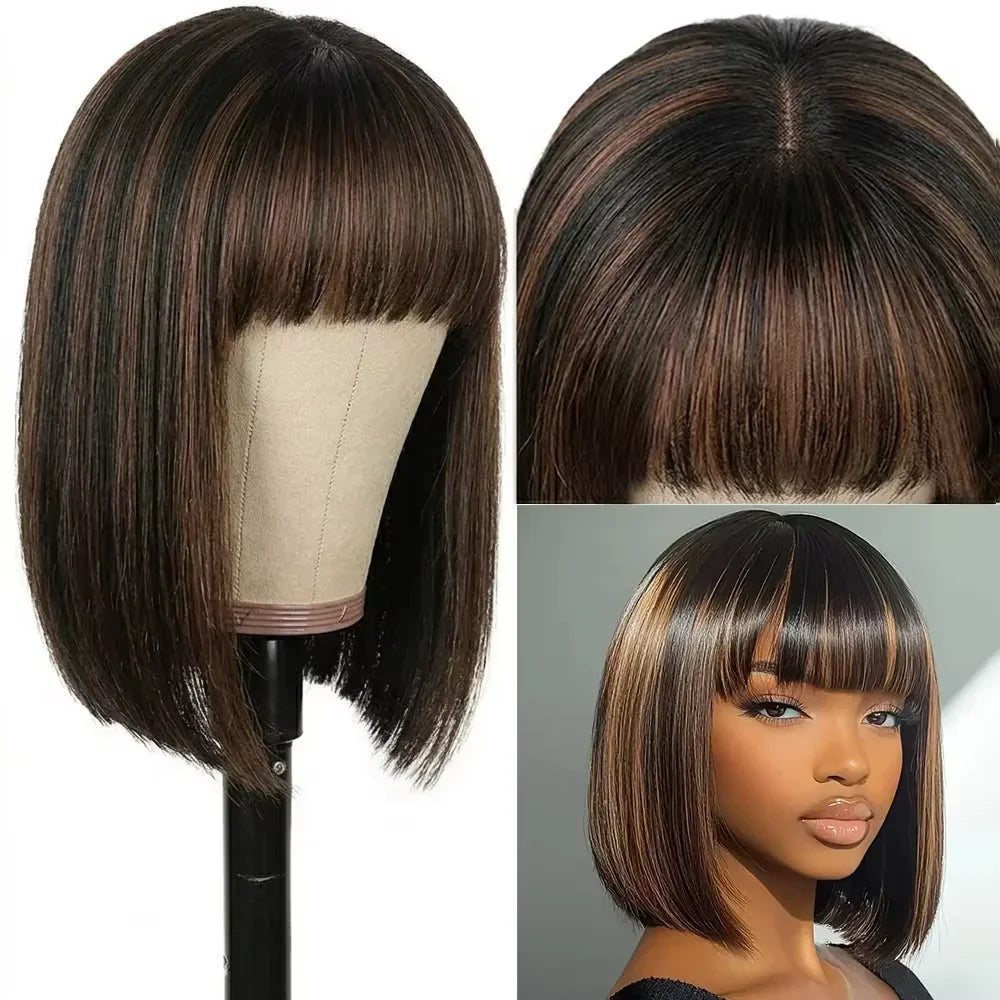 220% Density Ready To Go Glueless Human Hair Wigs 10 Inch 1B/30 Highlight Ombre Straight Wear And Go Glueless Bob Wig 2x1 Lace Closure Wig Human Hair For Women