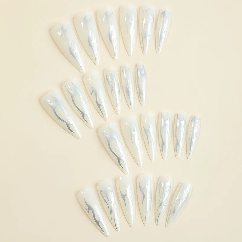 24Pcs Long pointed Halloween False Nails White Irregular Flame Stripes Nail Art Fake Nail Stickers For Women and Girls