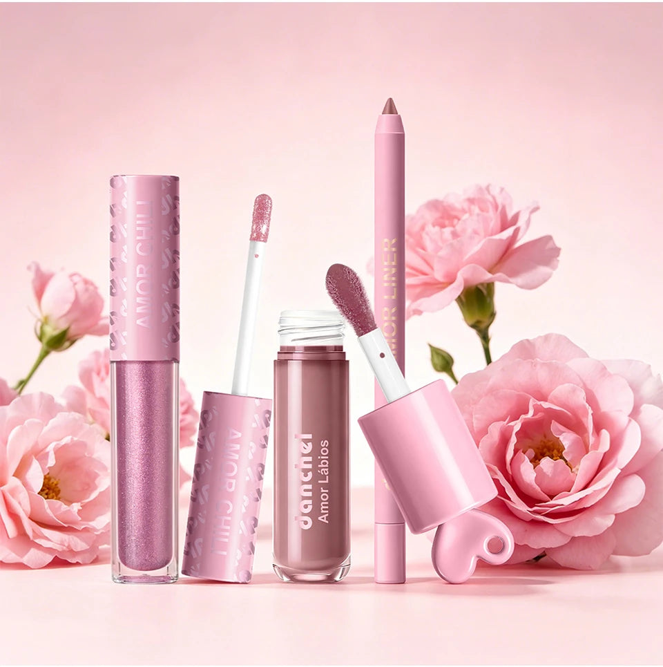 Christmas Gift For Women Lip Makeup Set 3Pcs Lip Cosmetic Kit Heart Shape Plumper Lip Gloss Lip Line Longwear Hydratin