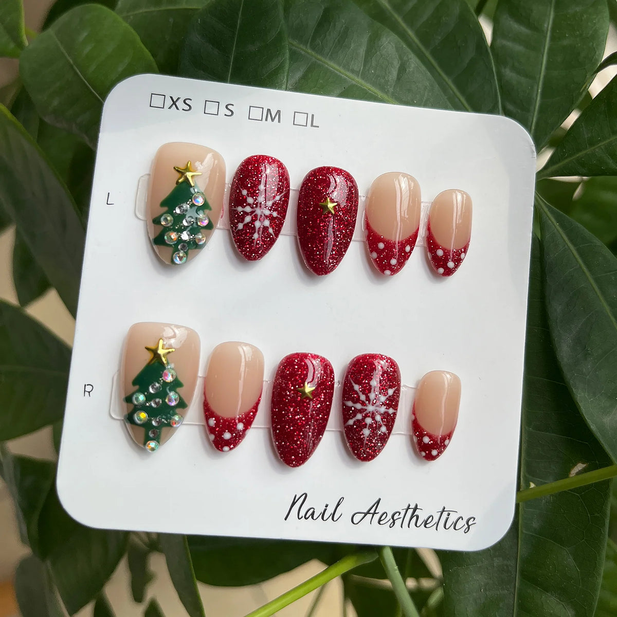 Handmade Short Almond Press On Nails Red Glitter Christmas False Nails Rhinestone Christmas Tree Snowflake Design Reusable 10Pcs