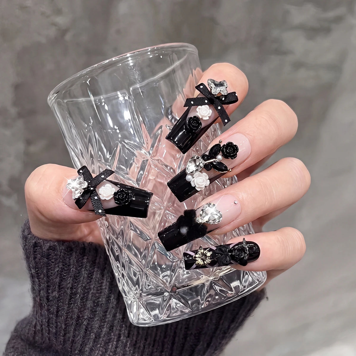 96PC Black French Long Coffin Halloween Press On Nails Y2K Cross Skull Spider Snake Bow False Nails Full Cover French Fake Nails