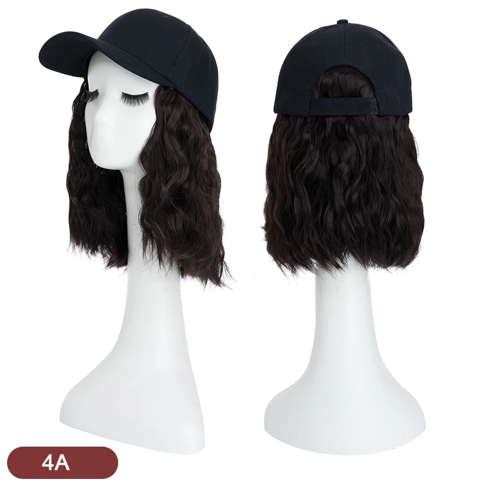 Benehair Hat Wig for Women 8 Inches Wave Baseball Cap Wig with Curly Hair Extensions Wig Synthetic Wave Wig Hat Adjustable Brown