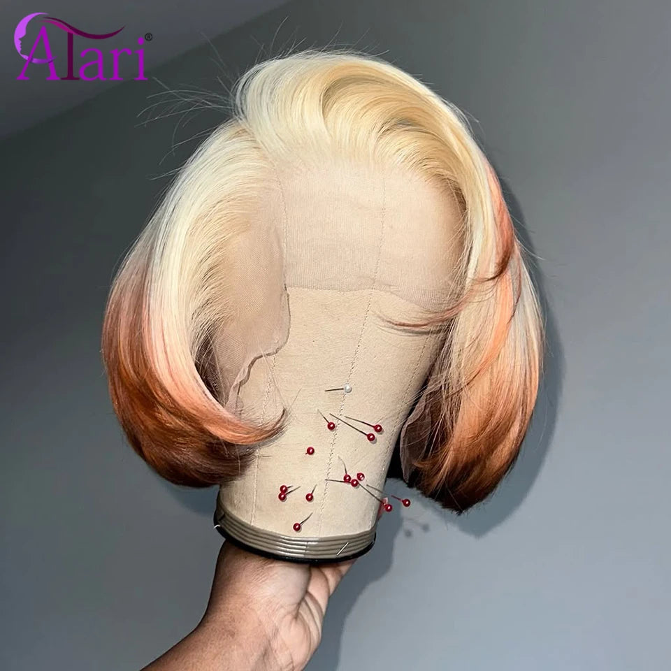 Upgrade 13x4 Lace Frontal Bob Striaght 3 Tone Human Hair Wigs Brazilian Ombre 613 Colored Short Bob Transparent Wig 180 Density