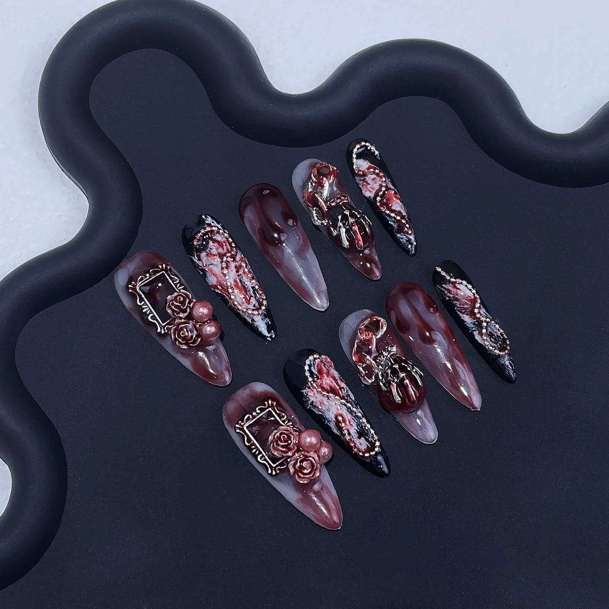 Mysterious Gothic Press On Nails Dark Red Black With Intricate 3D Decor For Events  Dark Red With Rose Skull 3D Decor Easy To