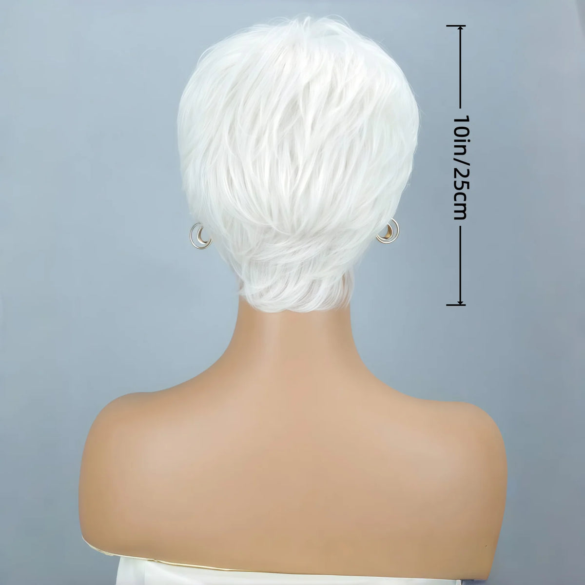 Ladies' Short Straight Wig, White, High-Density, Heat-Resistant, Breathable Rose-Colored Mesh Cap, White Straight Synthetic Wig