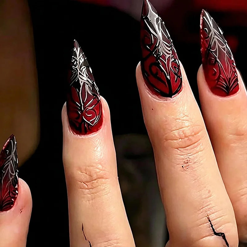 24PCS Gothic Red Smudging Long Stiletto Fake Nails 3D Metallic Silver Chain French Press on Nails Full Cover Halloween Nail Tips