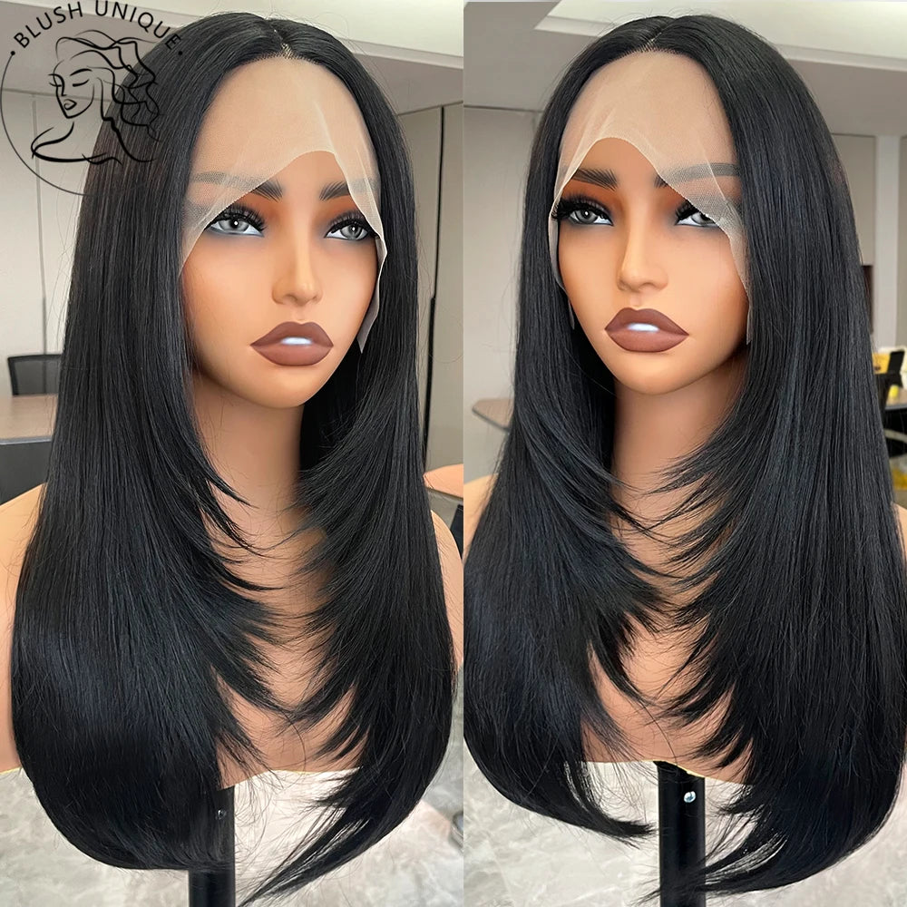 HD Straight Lace Front Wig Layered Wigs Reddish Brown Layered Cut Lace Wigs Copper Red Synthetic Butterfly Haircut Glueless Wigs