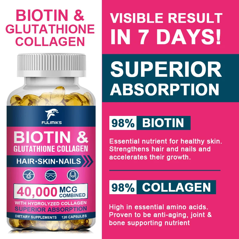 High Biotin 5000mcg Capsules with Hydrolyzed Fish Collagen & MSM, Healthy Hair, Glowing Skin, Strong Nails & Anti-Aging Support