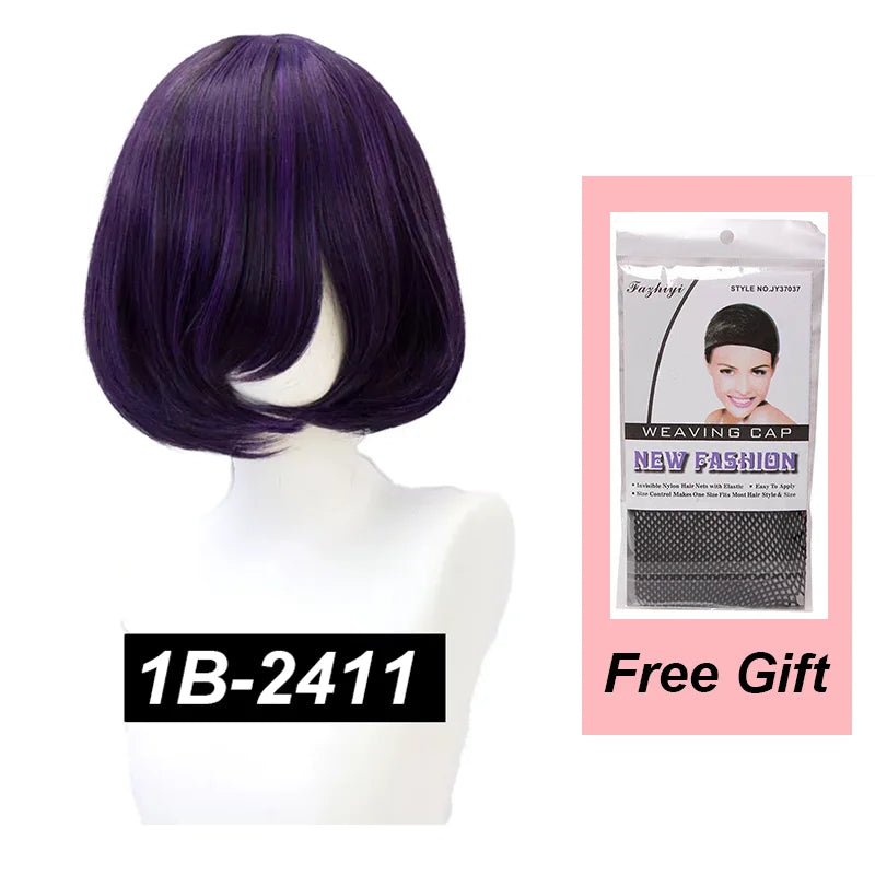 Snoya 35cm Synthetic Short Bob Straight Hair with Trimmable Bangs Lolita Pink Green Blonde Red Cosplay Wigs for Women+Wig Cap