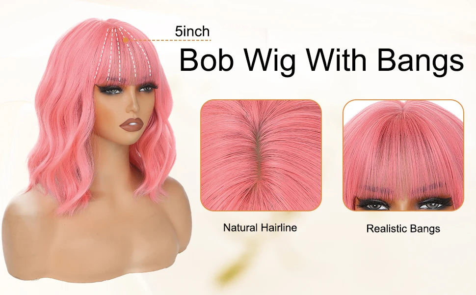 14inch Short Wavy Bob Synthetic Wig with Air Bangs Heat Resistance Shoulder Length Curled Wigs for Daily Use Cosplay for Women