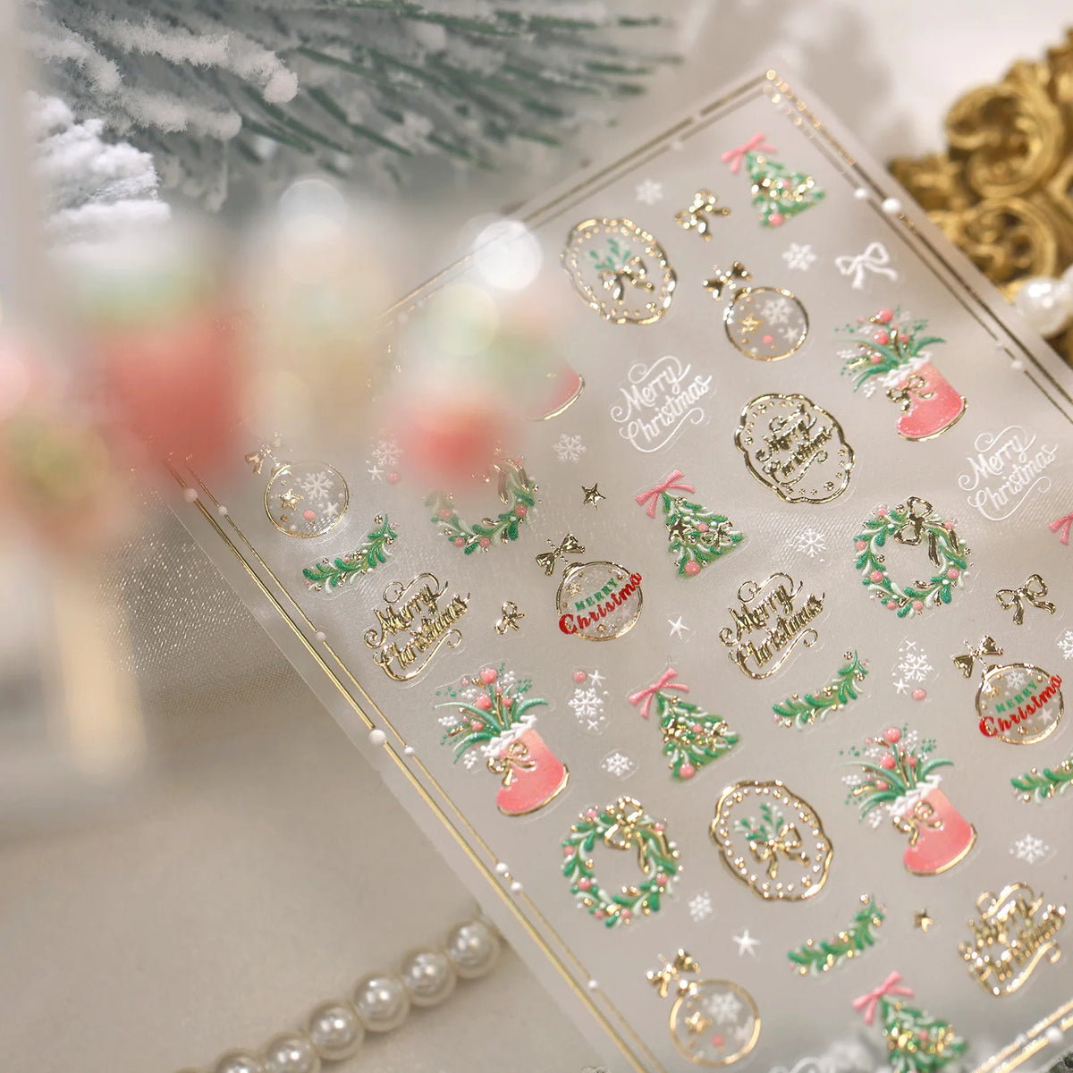 5D Christmas Nail Stickers Retro Gold Foil Xmas Wreath Border Potted Tree Bouquet Snowflake Self Adhesive Nail Art Decorat Decal