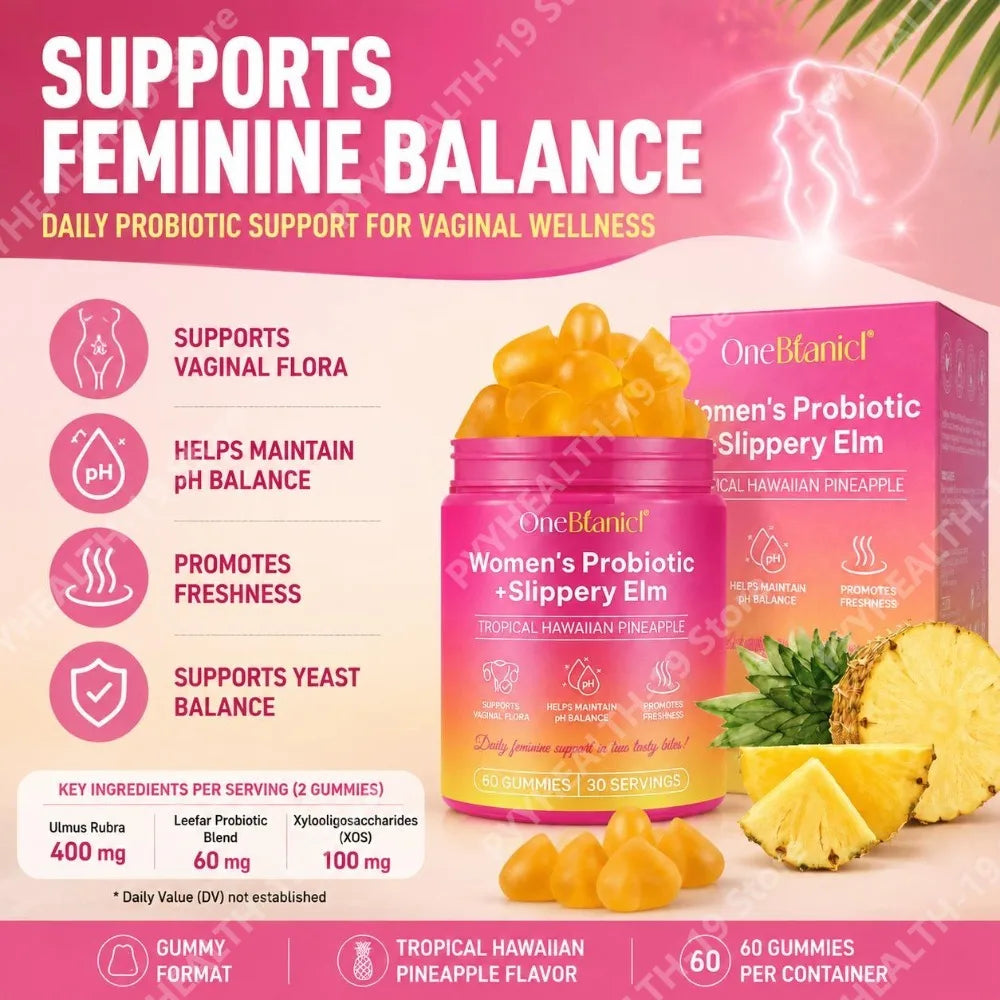 OneBlanid Women's Probiotic Gummies Slippery Elm XOS 4 Strains For pH Flora Freshness & Balance Support Formula Women 60 Count