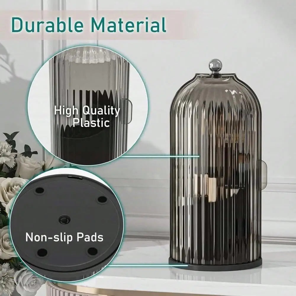 Makeup Brush Holder Organizer With Lid,360 Rotating Dustproof ABS Storage Caddy,3 Slots Sliding Lid Toothbrush Holder With Non-Slip Base,Multi-Use Space-Saving Organizer For Makeup Brushes Toothpaste,Perfect For Vanity Bathro
