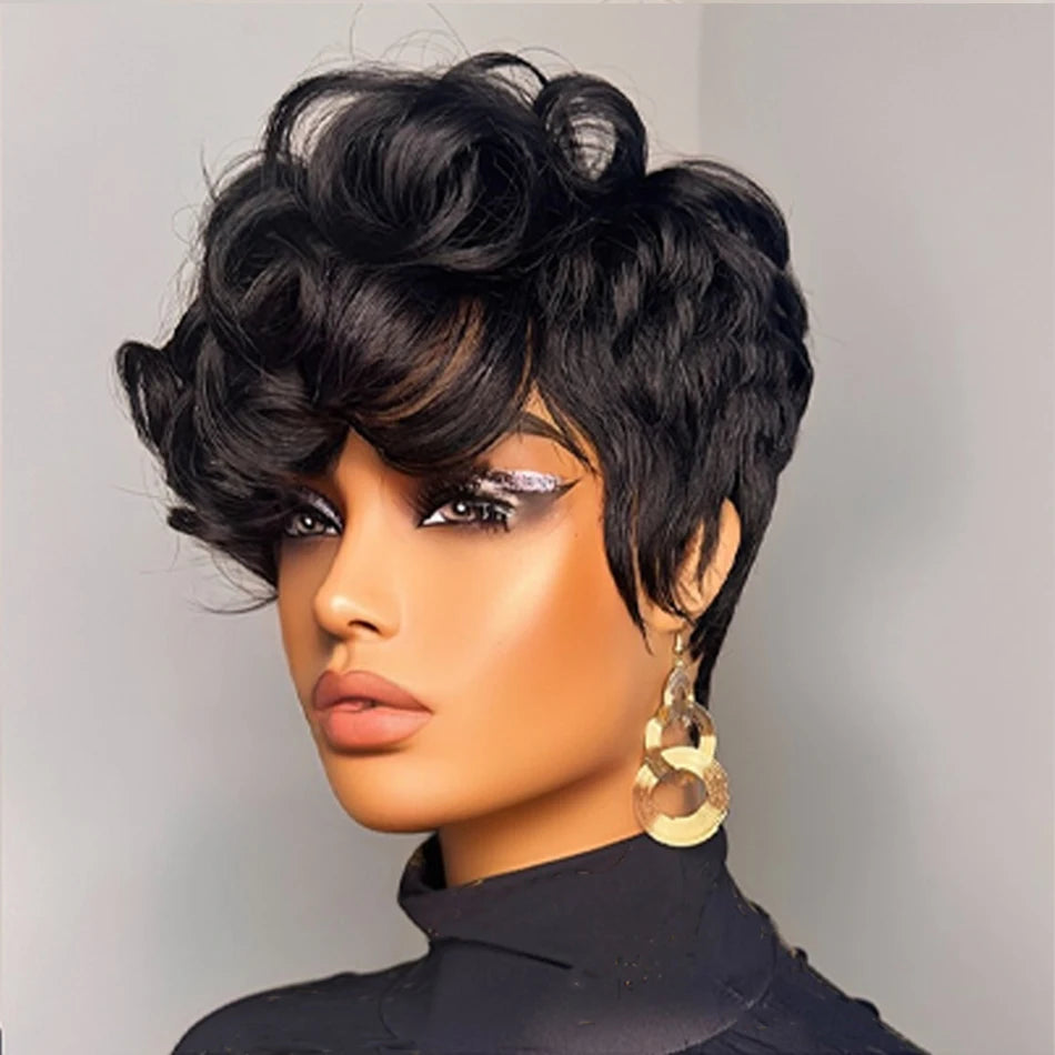 Pixie Cut Human Hair Wig for Women 6" Layered Short Loose Curly with Bangs 180% Density Remy Brazilian Hair Rose Net Cap