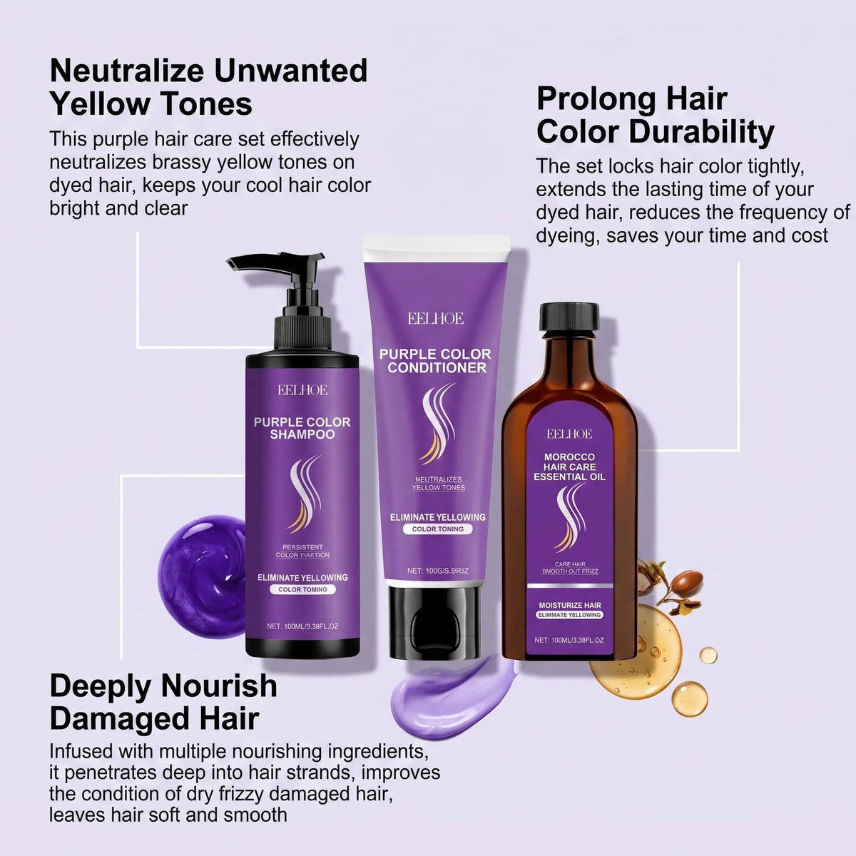 Purple Shampoo Set With Conditioner Hair Oil Serum Color Protecting Nourishing Moisturizing Smoothing For Dry Damaged Hair Care