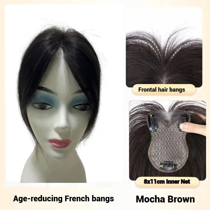 Ultra-Thin Mesh Hair Toppers 8x11cm Clip-In Bangs Hairpiece for Women Fluffy Real Hair Increase Volume Cover White Hair