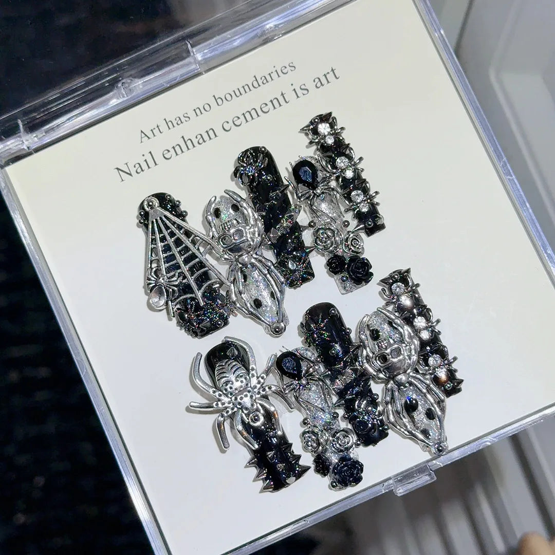 10pcs Handmade Coffin Press on Nails Halloween Gothic Rivet Skull Spider Decor Fake Nail Patches Shibuya Spicy Girl False Nails