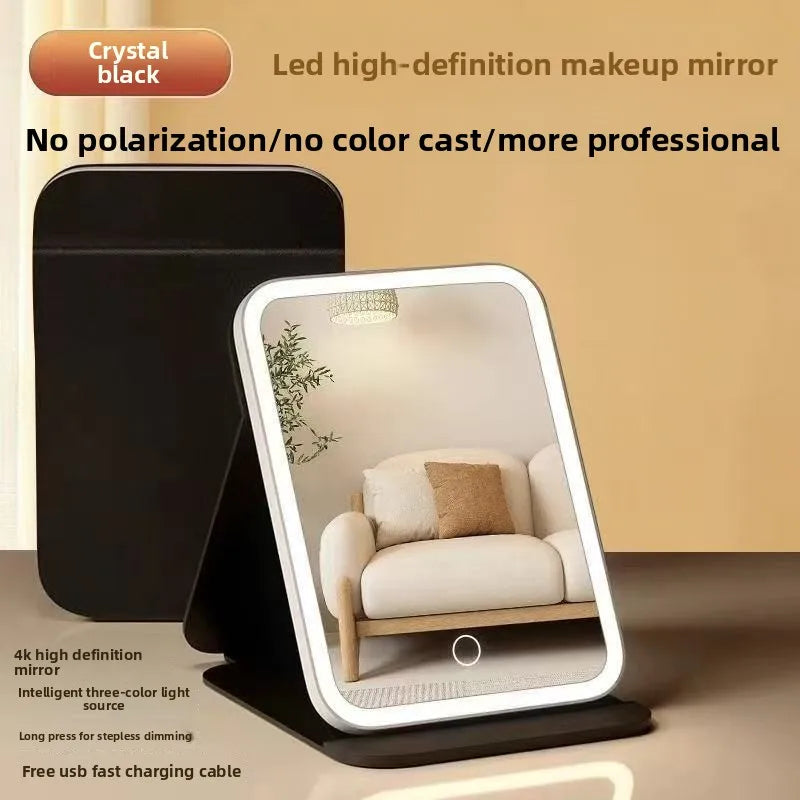 LED Makeup Mirror Desktop with Light, Ins style，Three-sided Folding, Dormitory Desktop, Beauty and Bedroom Dressing Mirror，