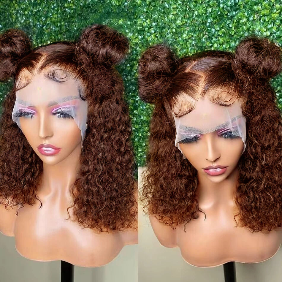 Short Bob Wig 13x4 Lace Front Wig Chocolate Dark Brown 100% Human Hair Deep Curly Wave Bob Wig HD Lace Wig 200 Density For Women