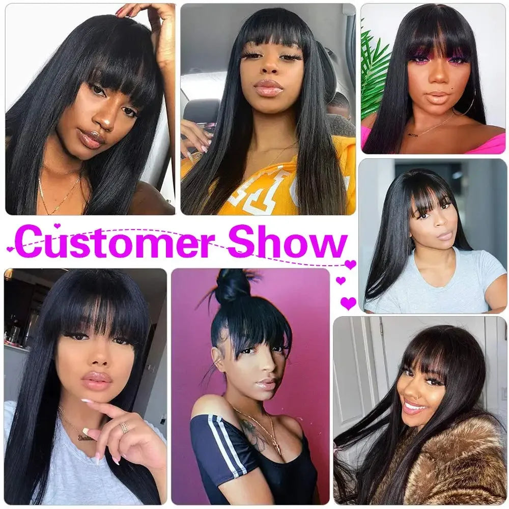 Peruvian 30 Inch Straight Full Machine Made Wig with Bang 180% Natural Human Hair Wig For Women Pre-Plucked Remy Hair Cheap Wig