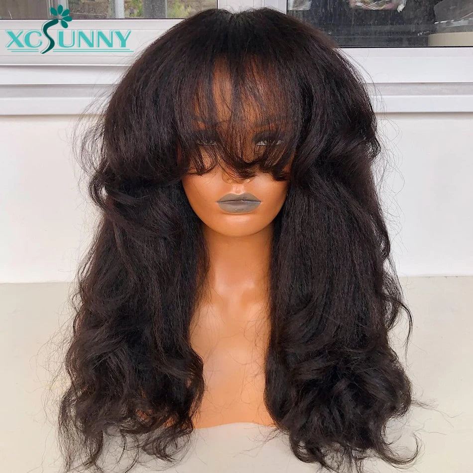 Yaki Human Hair Wig With Bangs Brazilian Machine Made Scalp Top Wig Long Wavy Bang Wig Human Hair For Women 180 Density