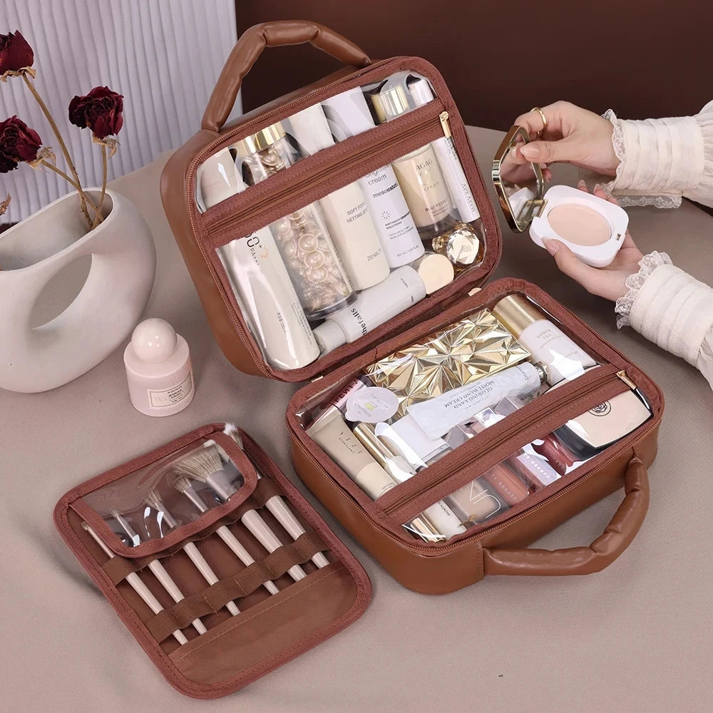 Luxury Checkered Cosmetic Bag For Women Large Capacity Waterproof Makeup Toiletry Bag Brown Melard Travel Wash Storage Bag