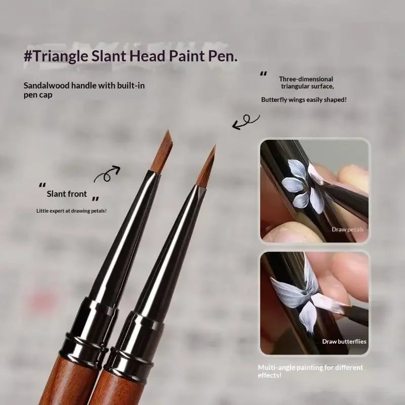 Round Wood Handle Triangular Petal Nail Brush Acrylic Nail Art Liner Brush Stripes Grid Flower Painting Drawing PenManicure Tool