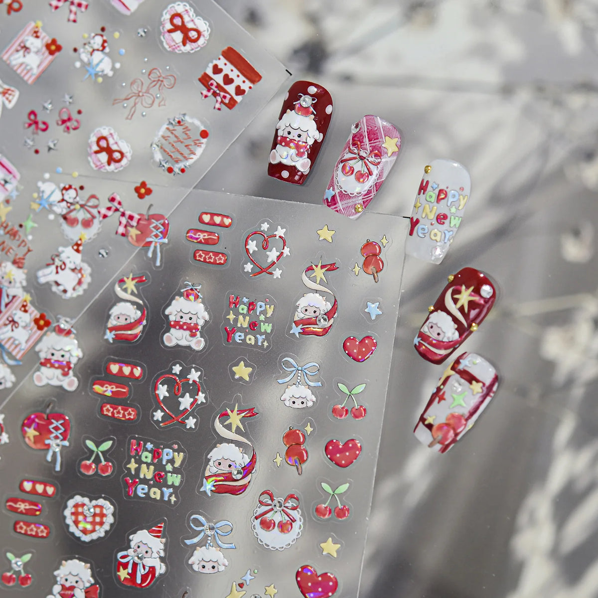 Christmas New Year Theme White Sheep Gift Box Plaid Bow Apple Snowflake Star 5D Nail Stickers Self‑adhesive Nail Holiday Party