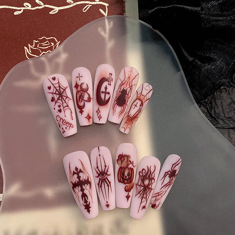 10Pcs Long Coffin Press On Nails Nude Pink Base Red Spider Cross Pumpkin Halloween Gothic Reusable False Nail Tips