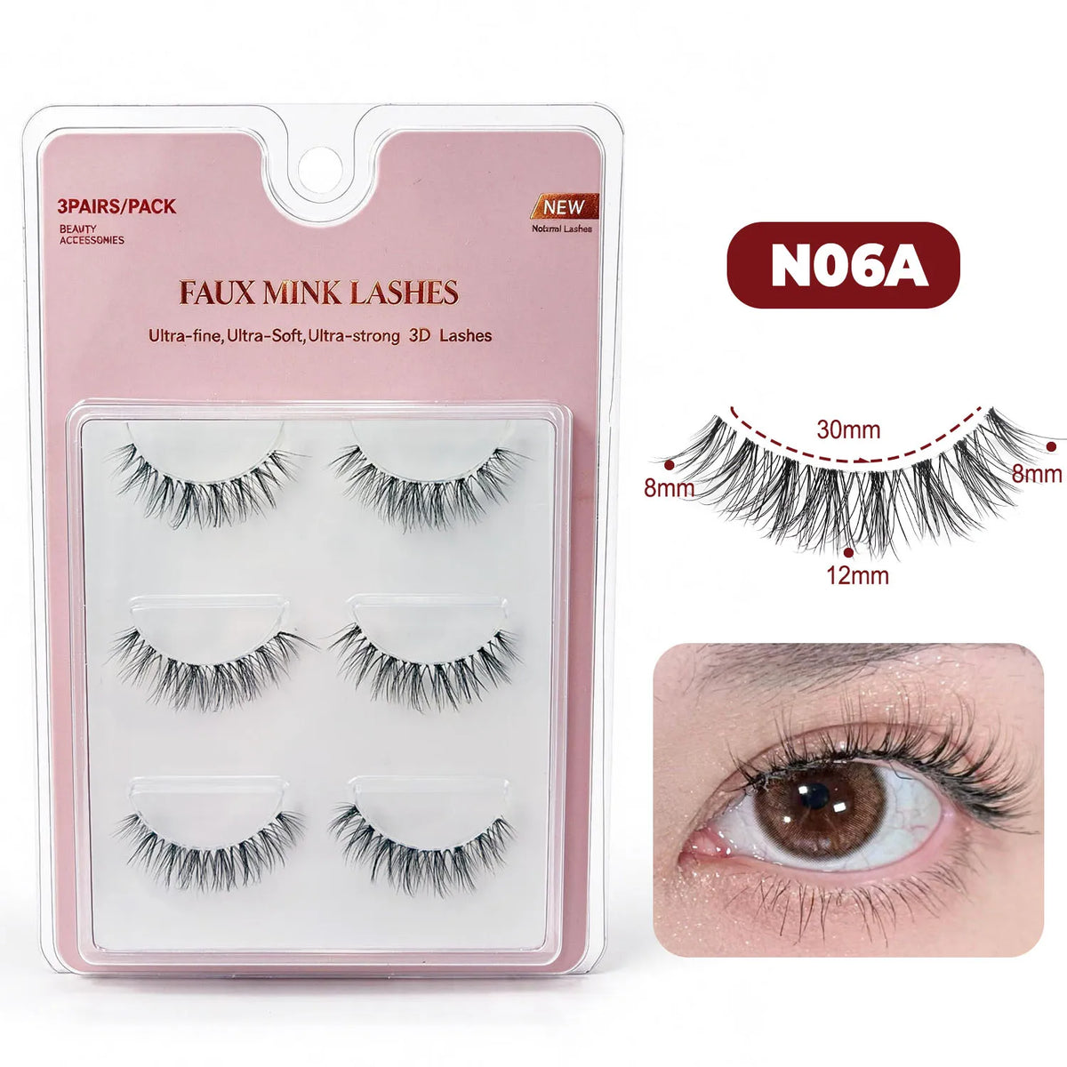 RED SIREN 3 Pairs Manga Lashes Clear Band Wispy Faux Mink Lashes Natural Soft Strip False Eyelashes Daily Eye Makeup