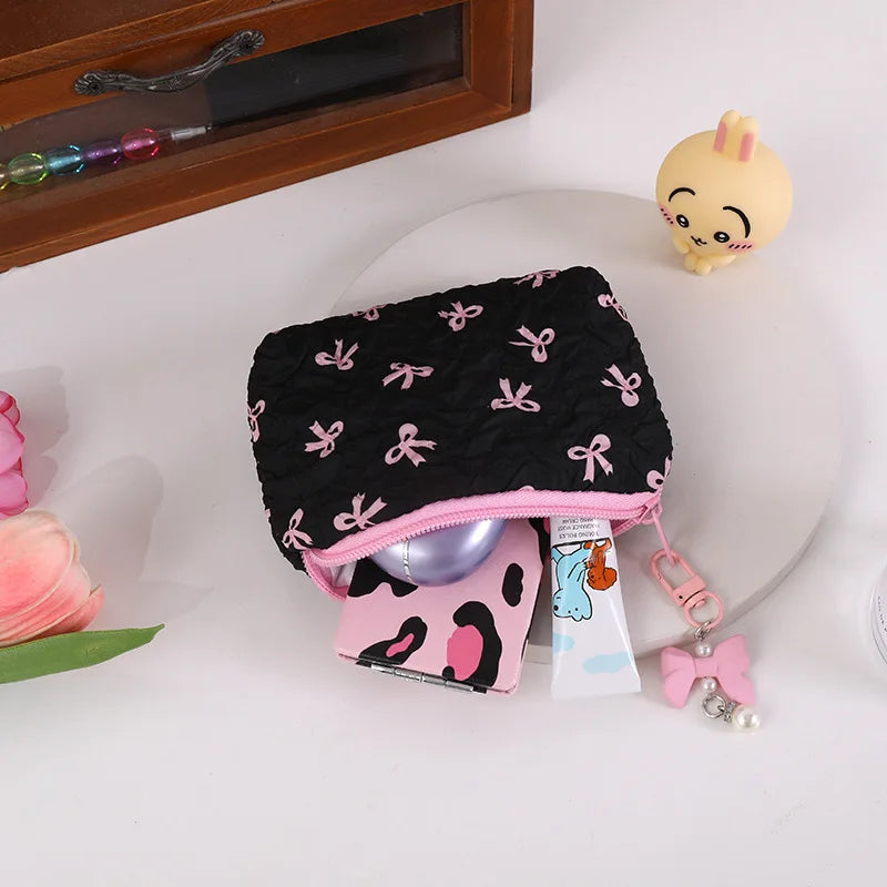 Cute Bow Travel Small Cosmetic Lipstick Portable Storage Bag Women Girls Makeup Handbags Purse Key Earphone Pouch Bags Organizer