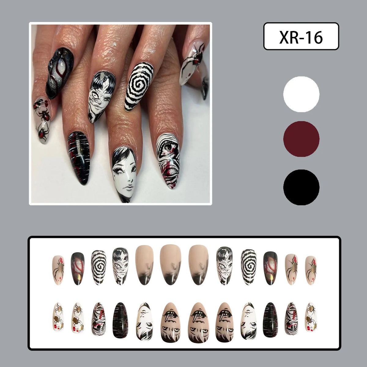 24pcs Horror Manga Press on Nails Halloween Face Eye Swirl Thorn Cat Fake Nail Gothic Spooky Long Stiletto False Nail for Women