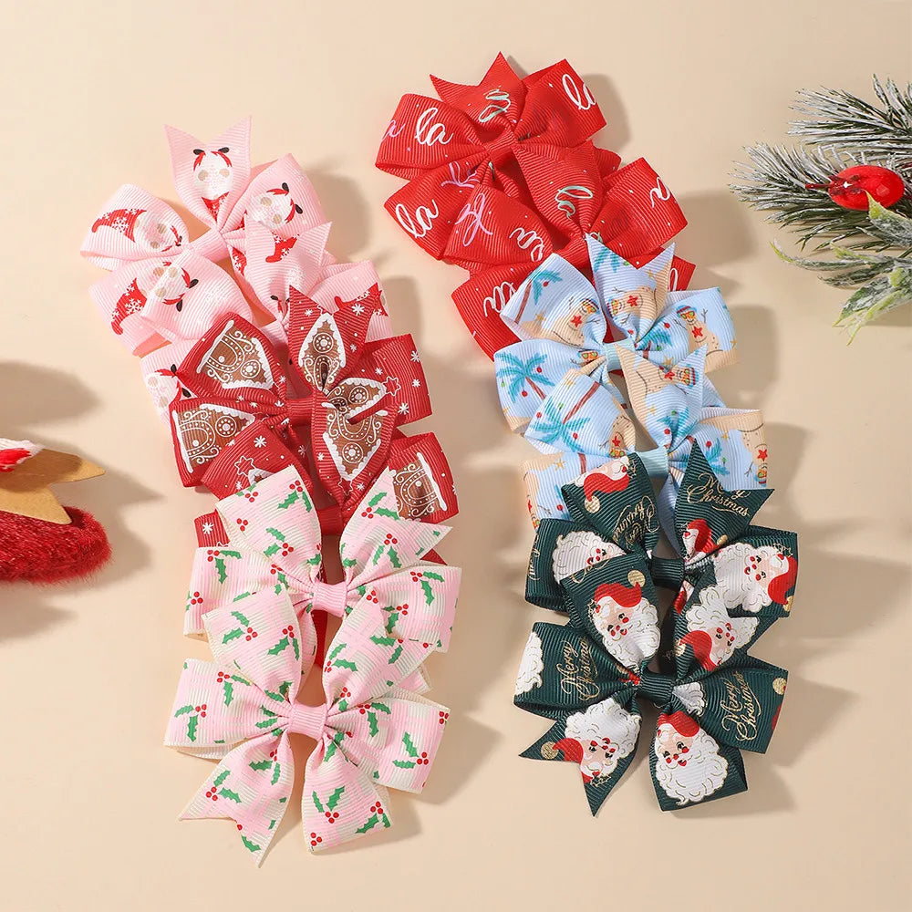12Pcs Christmas Bow Hair Clips Set Printed Grosgrain Ribbon Pinwheel Bow Barrettes Little Girls Xmas Holiday Hair Accessories